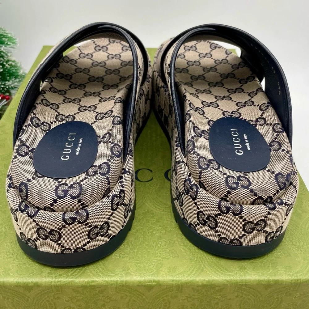 Gucci Beige GG Canvas Platform Slides with Black Trim - Picture 9 of 13